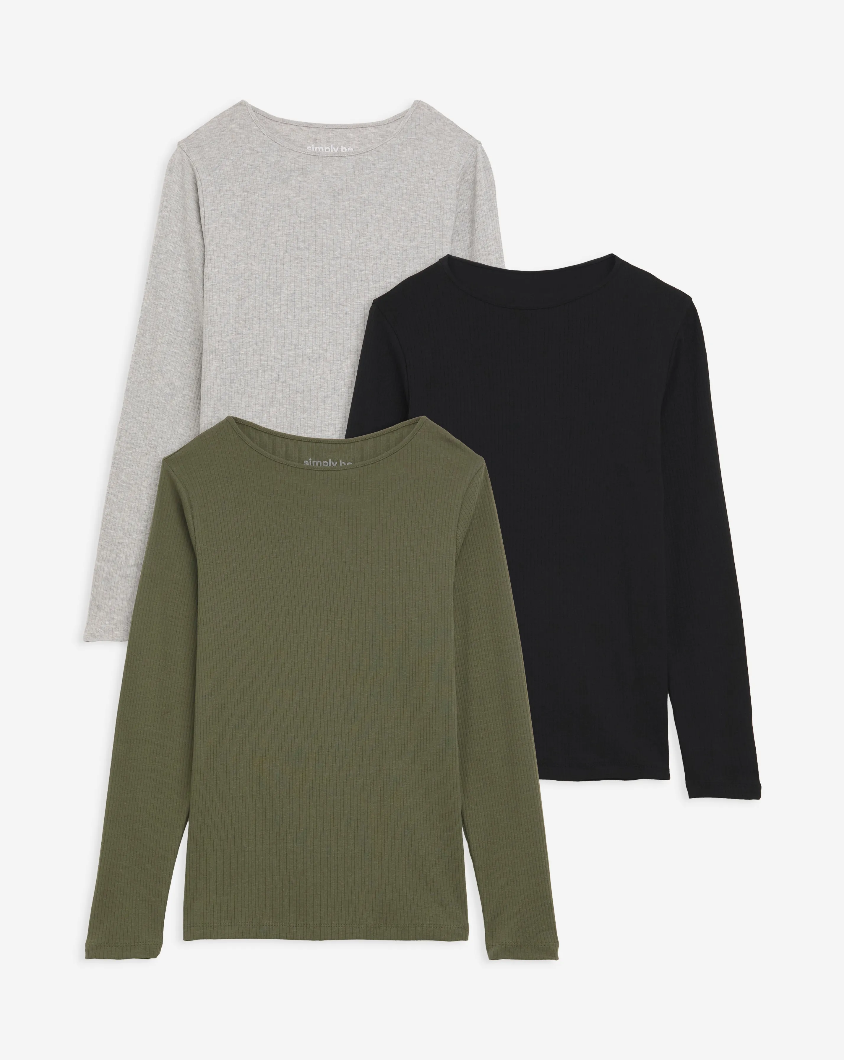 3 Pack Ribbed Tops in Black, Khaki & Grey Marl