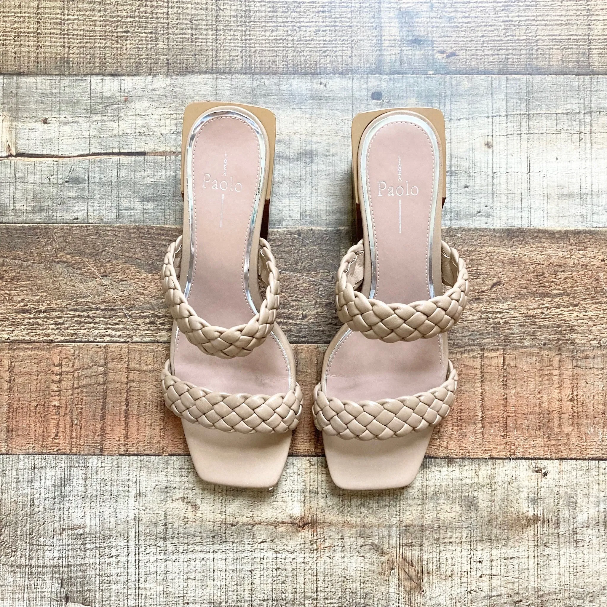 BEIGE BRAIDED DOUBLE STRAP SANDALS BY LINEA PAOLO IN SIZE 9 (CURRENTLY ONLINE)