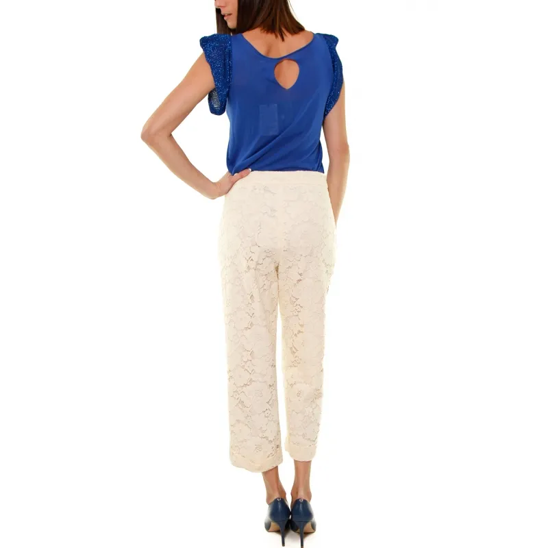 Beige Cropped Lace Pants