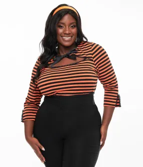 Unique Vintage Plus Size 1950s Orange & Black Stripe Cut Out Neck Tie Top