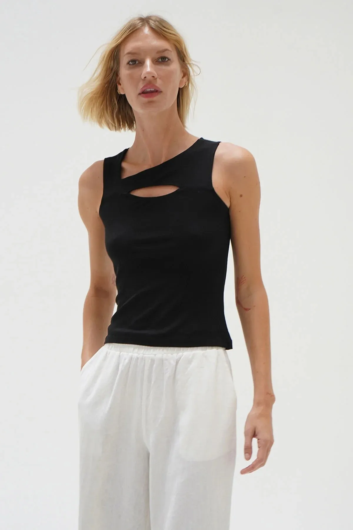 Black Ribbed Tank Top with Cut Out Detail