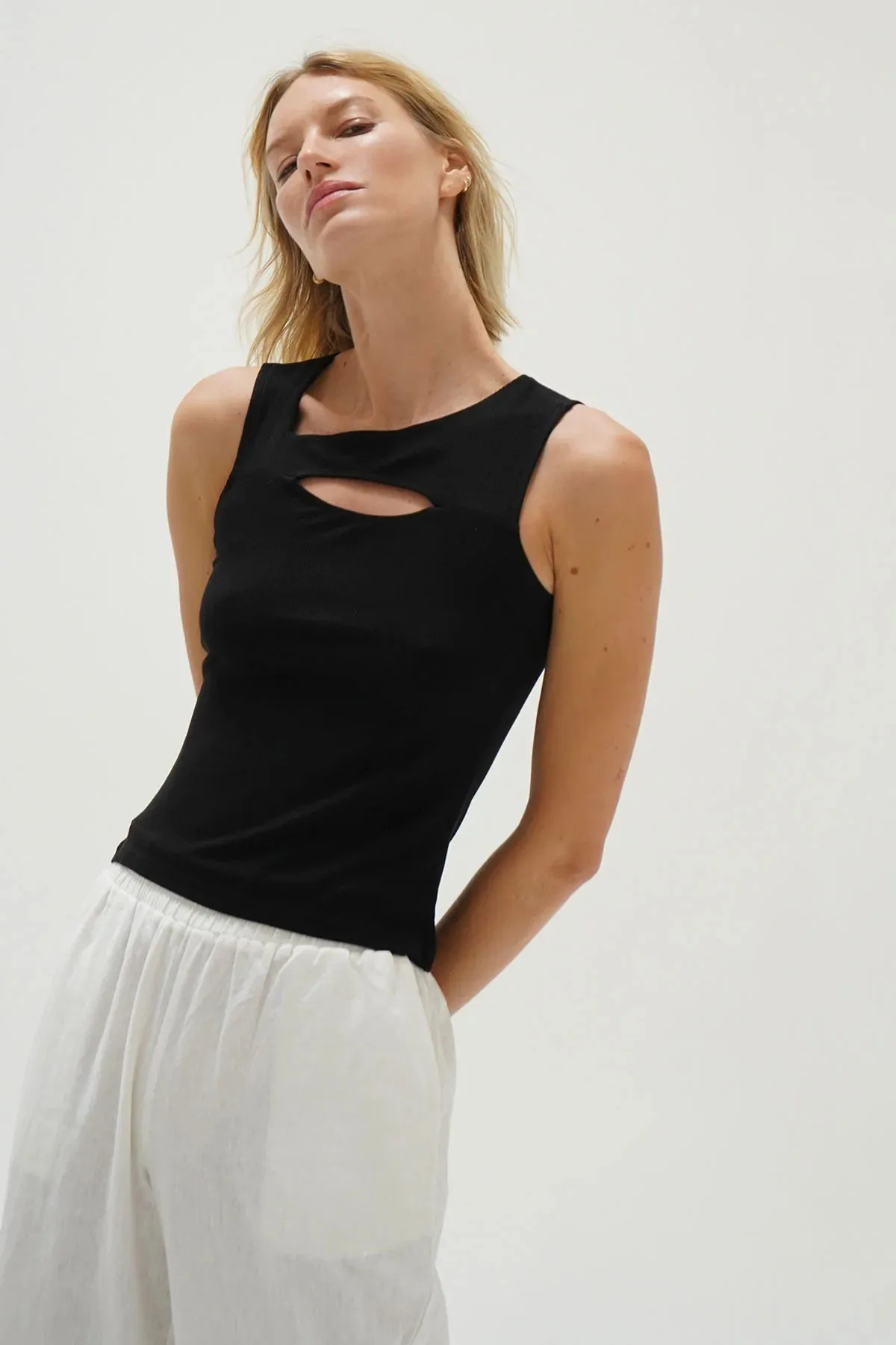 Black Ribbed Tank Top with Cut Out Detail