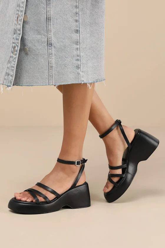 Black Strappy Platform Ankle Strap Sandals