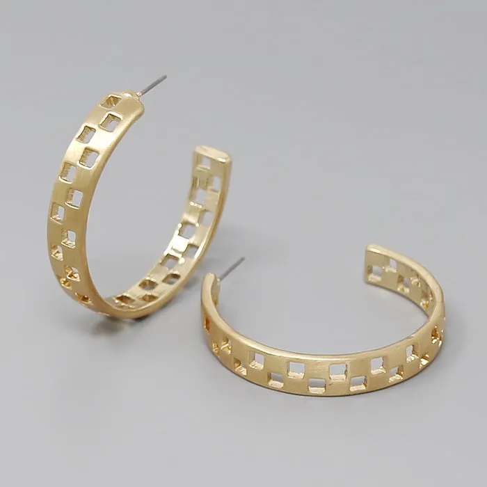 Metal Hoop Earrings with Check Cutout