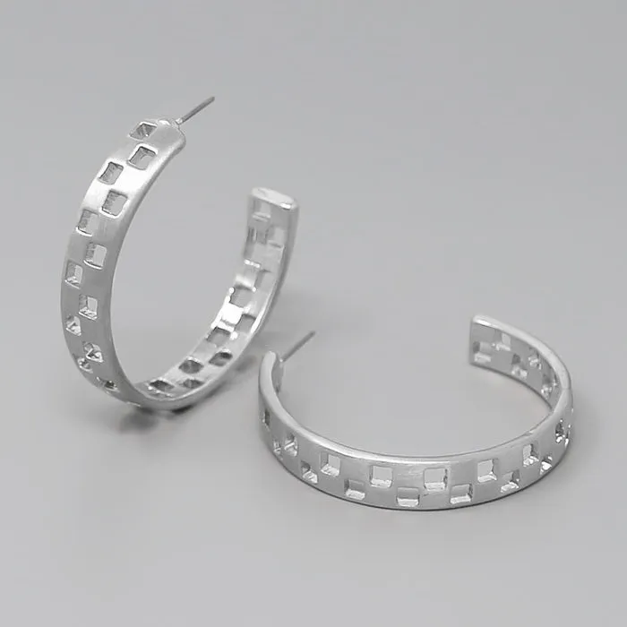 Metal Hoop Earrings with Check Cutout