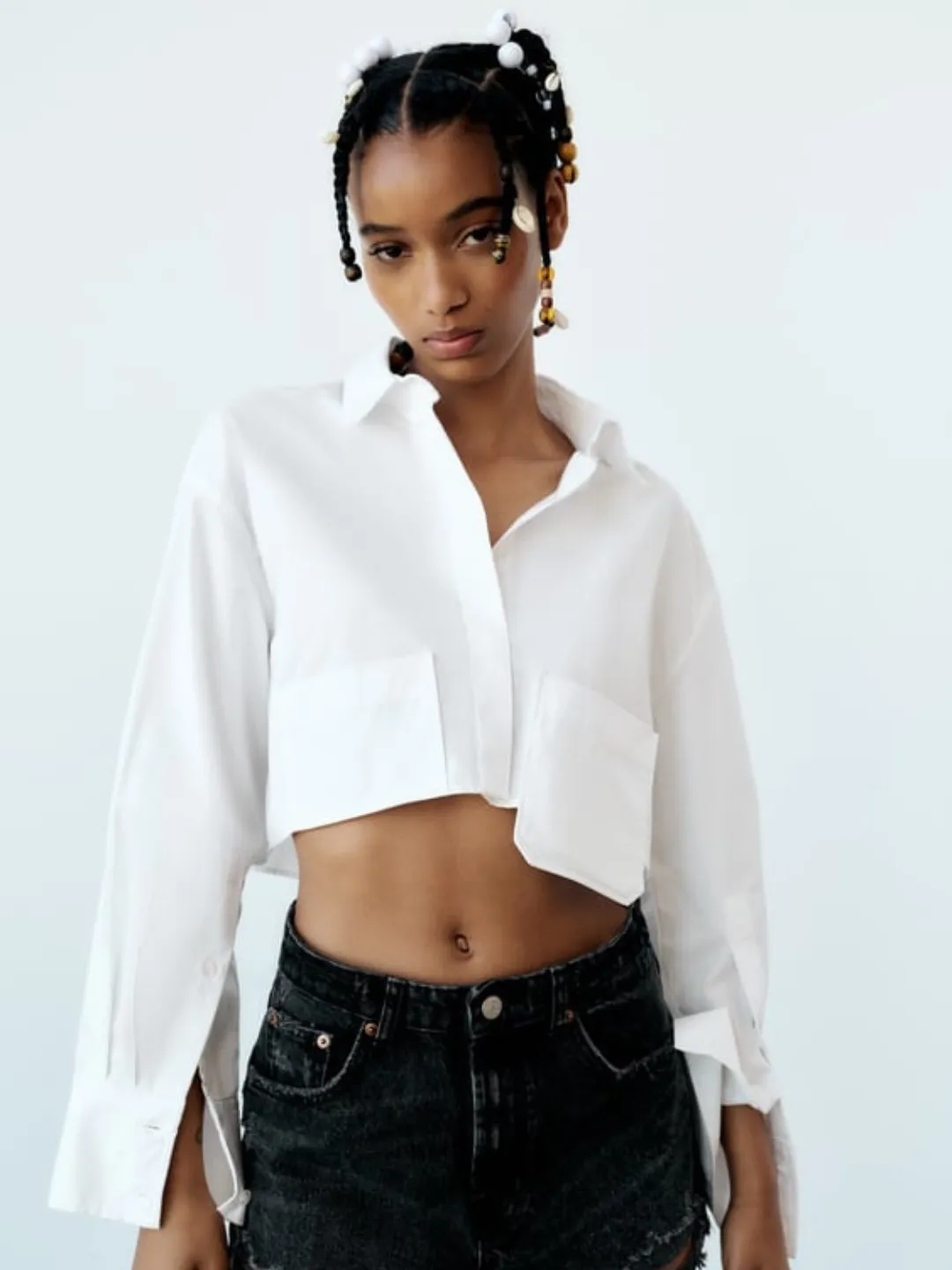 Pocketed Cropped Cotton Shirt