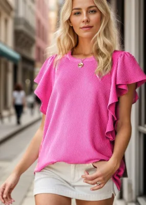 Hot Pink Ribbed Ruffle Top