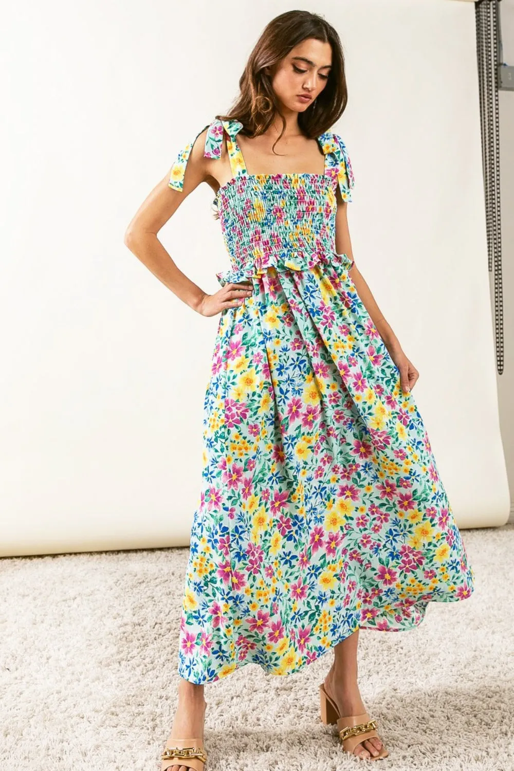 Floral Ruffle Trim Smocked BiBi Cami Dress\