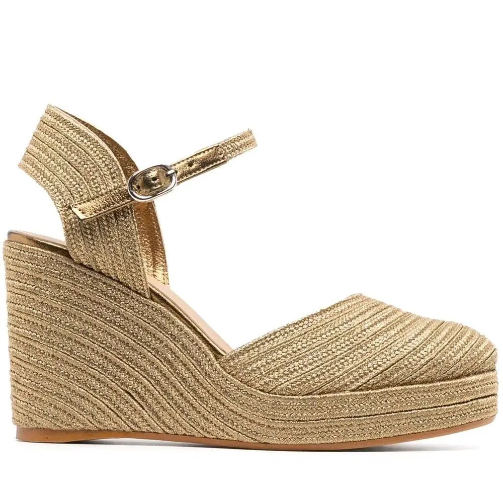 Elegant Luxury Golden Bordered Wedge Sandals with Woven Platform and Shining Silk Threads