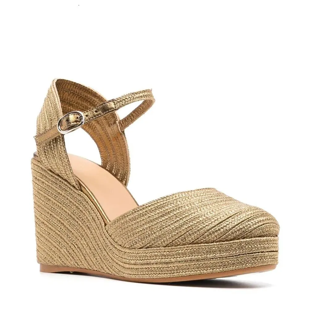 Elegant Luxury Golden Bordered Wedge Sandals with Woven Platform and Shining Silk Threads