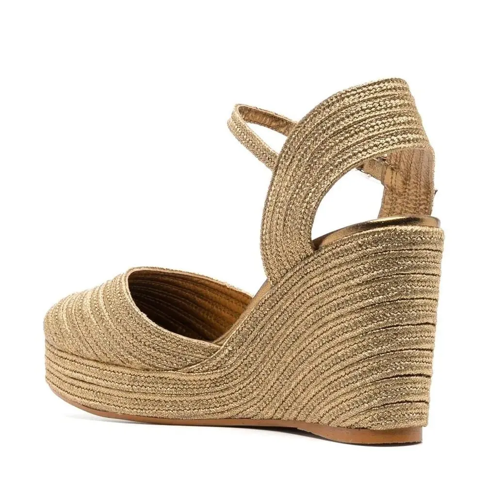 Elegant Luxury Golden Bordered Wedge Sandals with Woven Platform and Shining Silk Threads