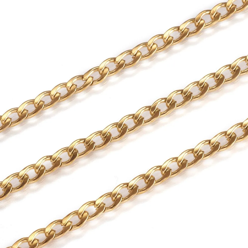 Gold Plated Twisted Curb Stainless Steel Chain with Open Links (4-5x3mm)