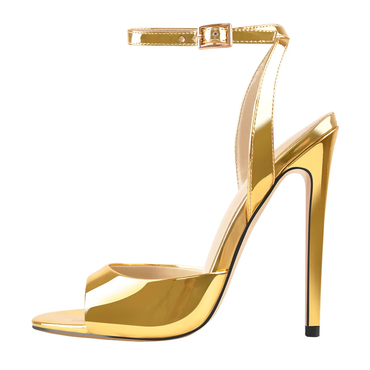 Gold High Heel Stilettos Sandals with Round Toe Strap