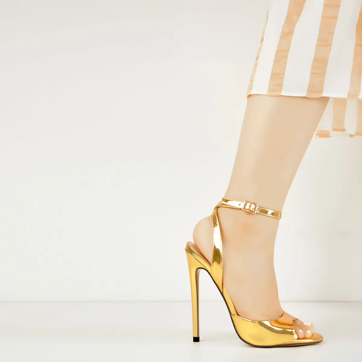 Gold High Heel Stilettos Sandals with Round Toe Strap