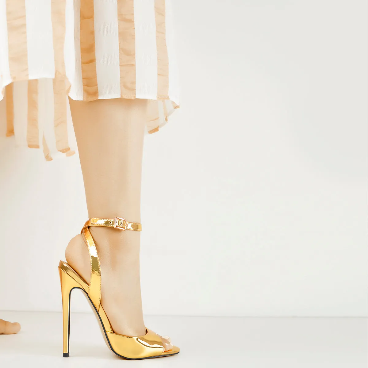 Gold High Heel Stilettos Sandals with Round Toe Strap