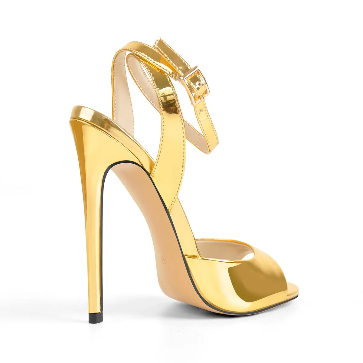 Gold High Heel Stilettos Sandals with Round Toe Strap