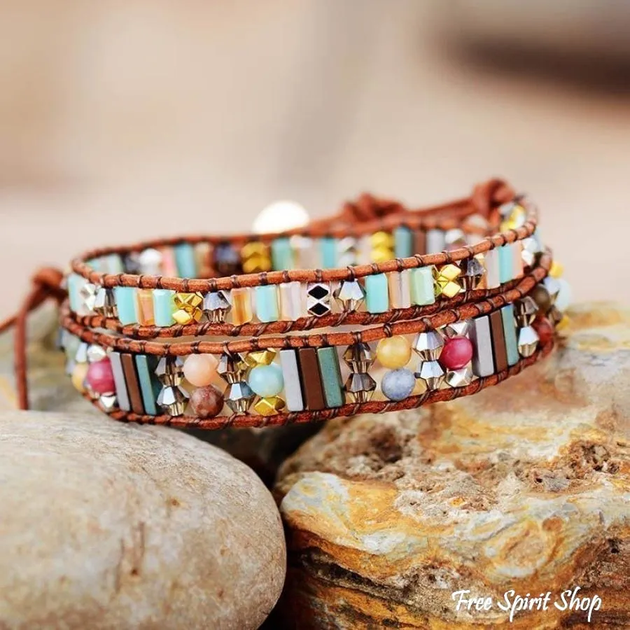 Handmade Leather Boho Crystals Wrap Bracelet