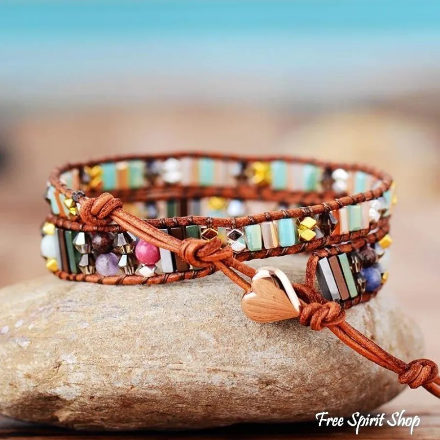 Handmade Leather Boho Crystals Wrap Bracelet