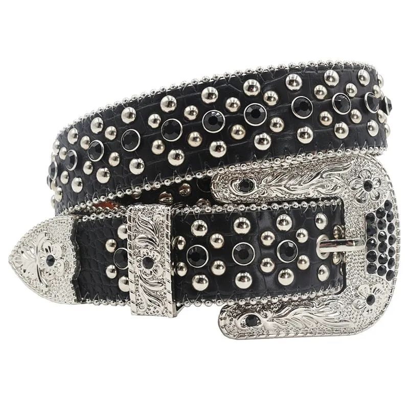 Western Black Crystal Diamond Buckle Belt