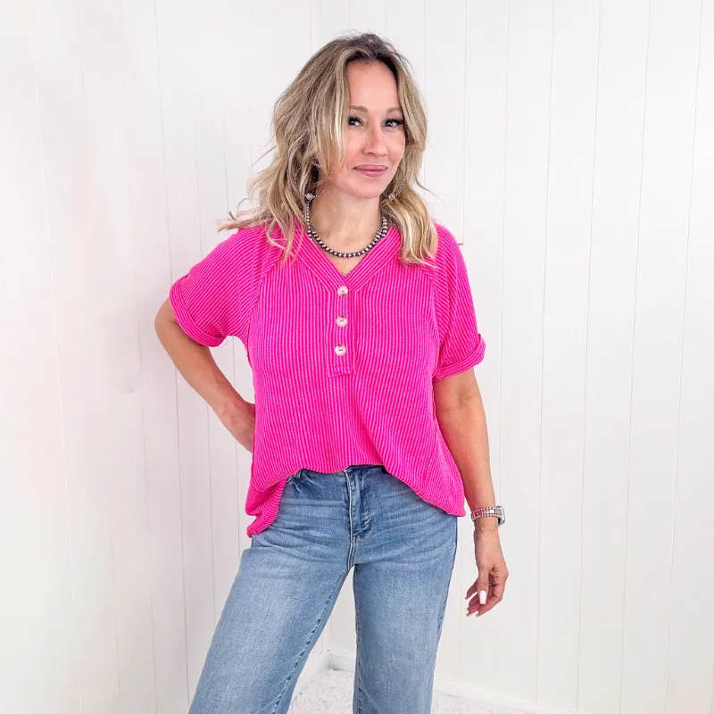 Hot Pink Textured Ribbed Short Sleeve Top