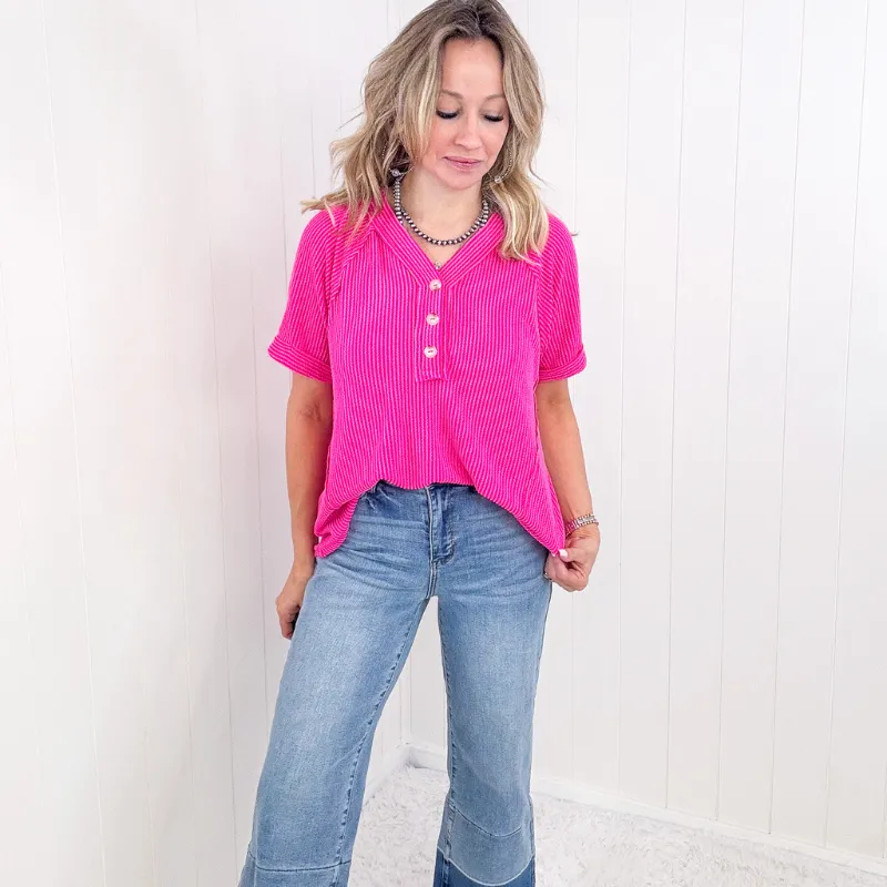 Hot Pink Textured Ribbed Short Sleeve Top