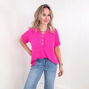 Hot Pink Textured Ribbed Short Sleeve Top