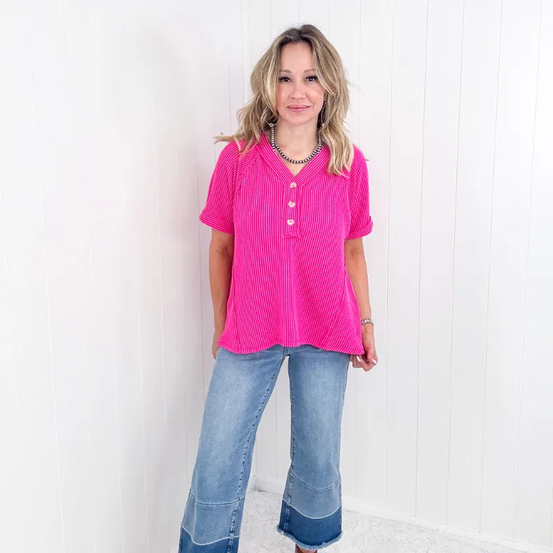 Hot Pink Textured Ribbed Short Sleeve Top