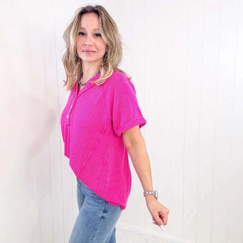 Hot Pink Textured Ribbed Short Sleeve Top