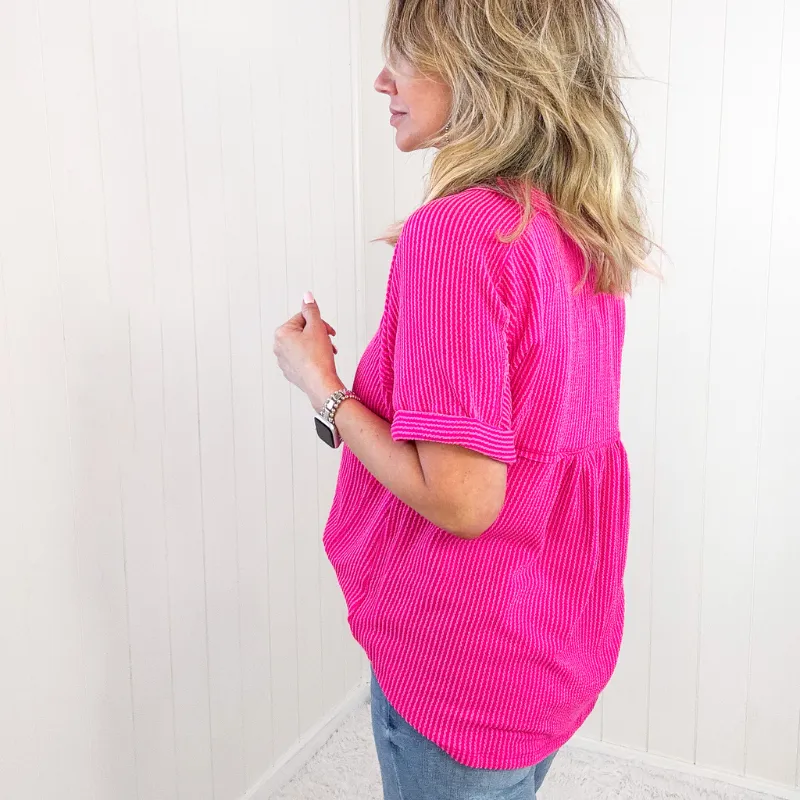 Hot Pink Textured Ribbed Short Sleeve Top