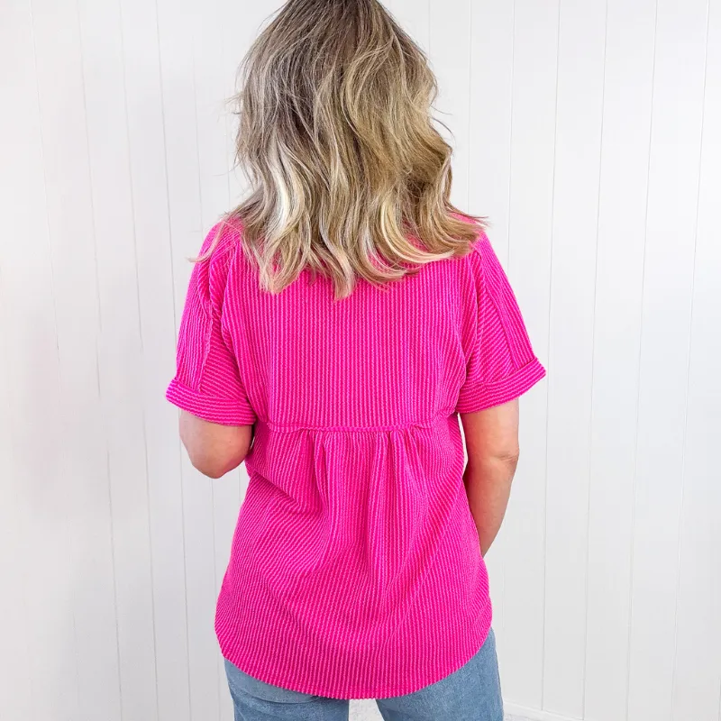 Hot Pink Textured Ribbed Short Sleeve Top