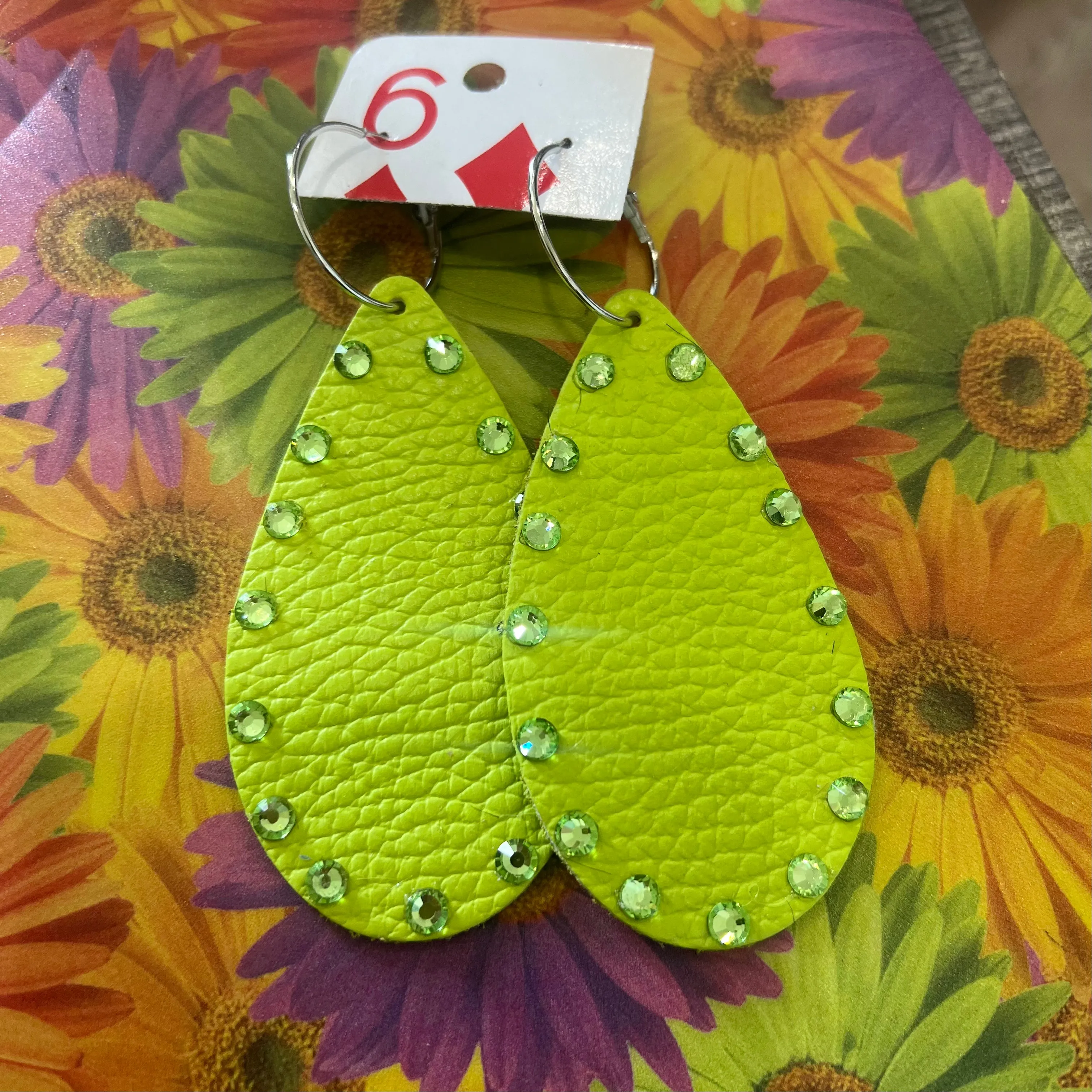 lime green leather bling earring