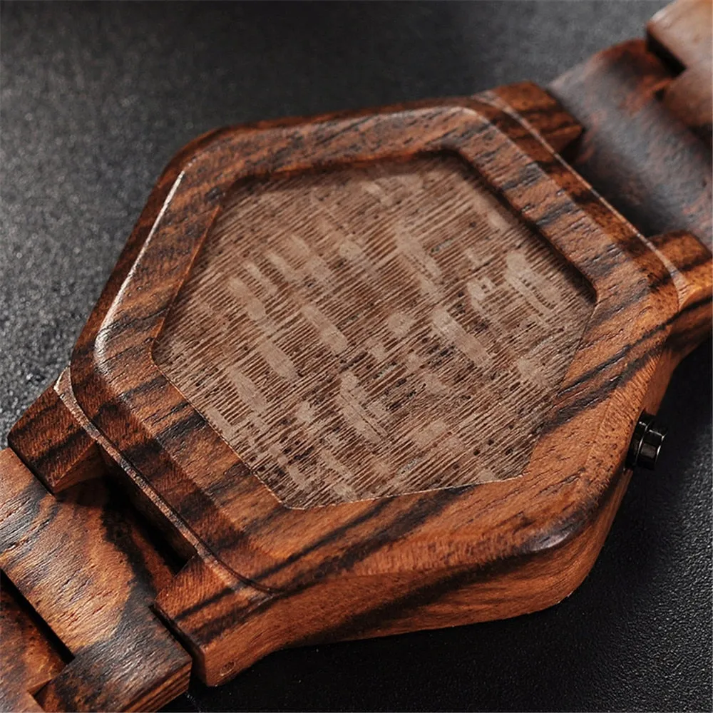 Men's LED Display Wooden Night Vision Watch