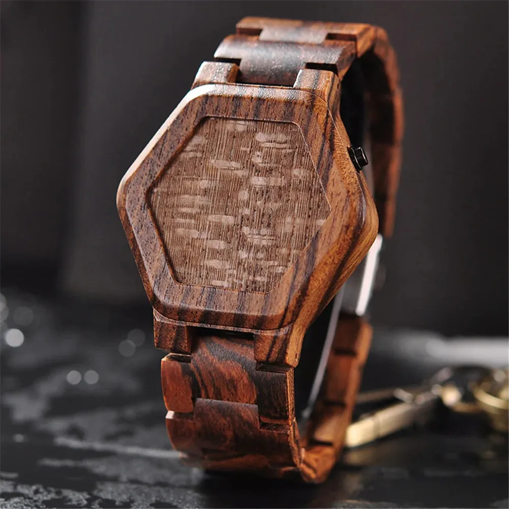 Men's LED Display Wooden Night Vision Watch