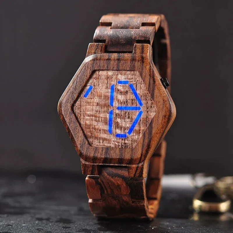 Men's LED Display Wooden Night Vision Watch