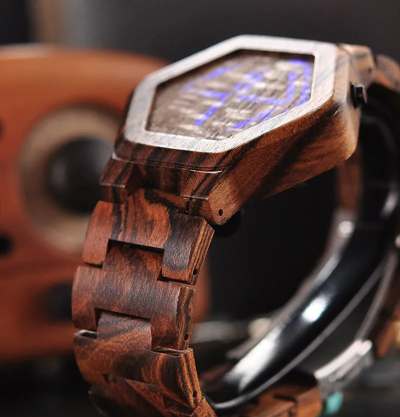 Men's LED Display Wooden Night Vision Watch