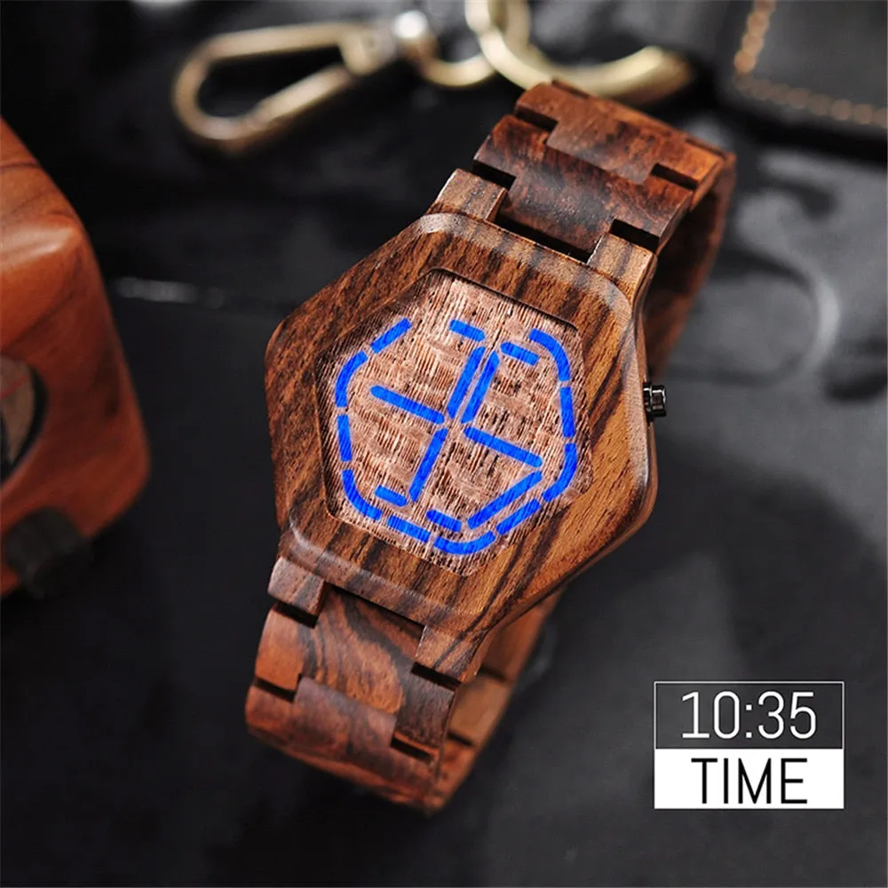 Men's LED Display Wooden Night Vision Watch