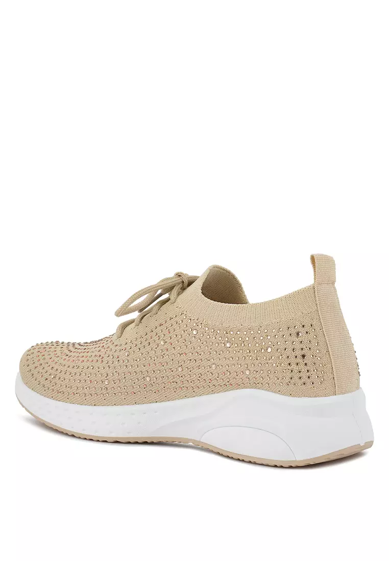 London Rag Beige Stud Embellished Lace-Up Sneakers
