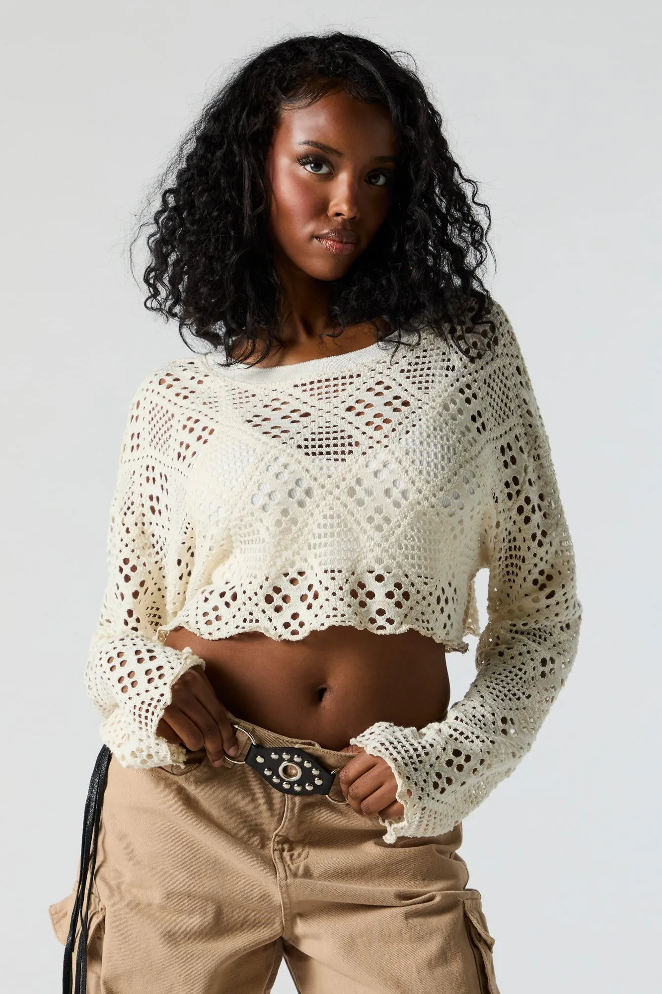 Long Sleeve Crochet Crop Top