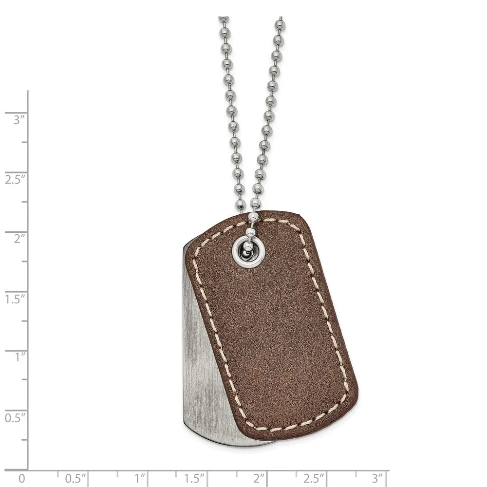 Mens Stainless Steel Brown Leather 2 Piece Dog Tag Necklace 22 Inches