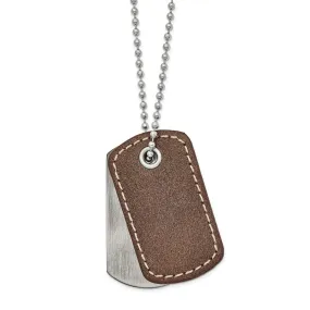 Mens Stainless Steel Brown Leather 2 Piece Dog Tag Necklace 22 Inches