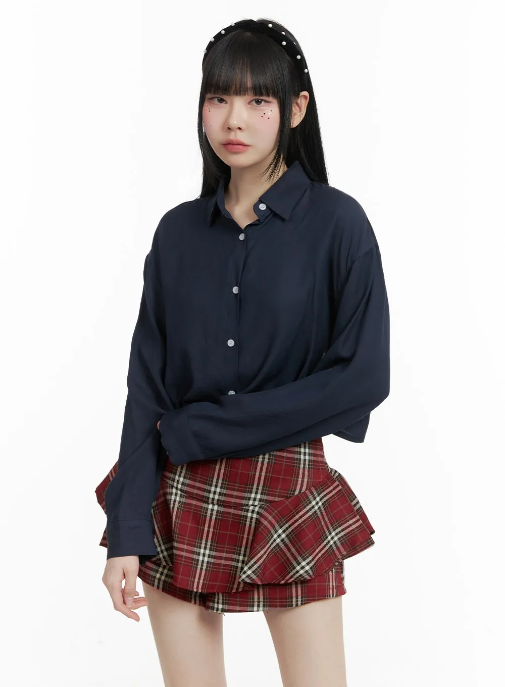 OM426 Buttoned Collar Cropped Blouse