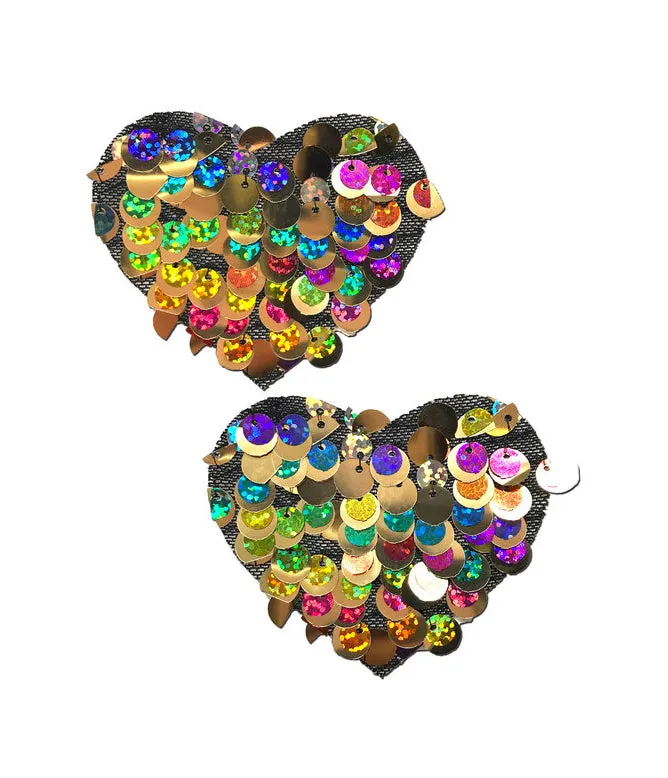 Rainbow Gold Sequin Heart Nipple Covers