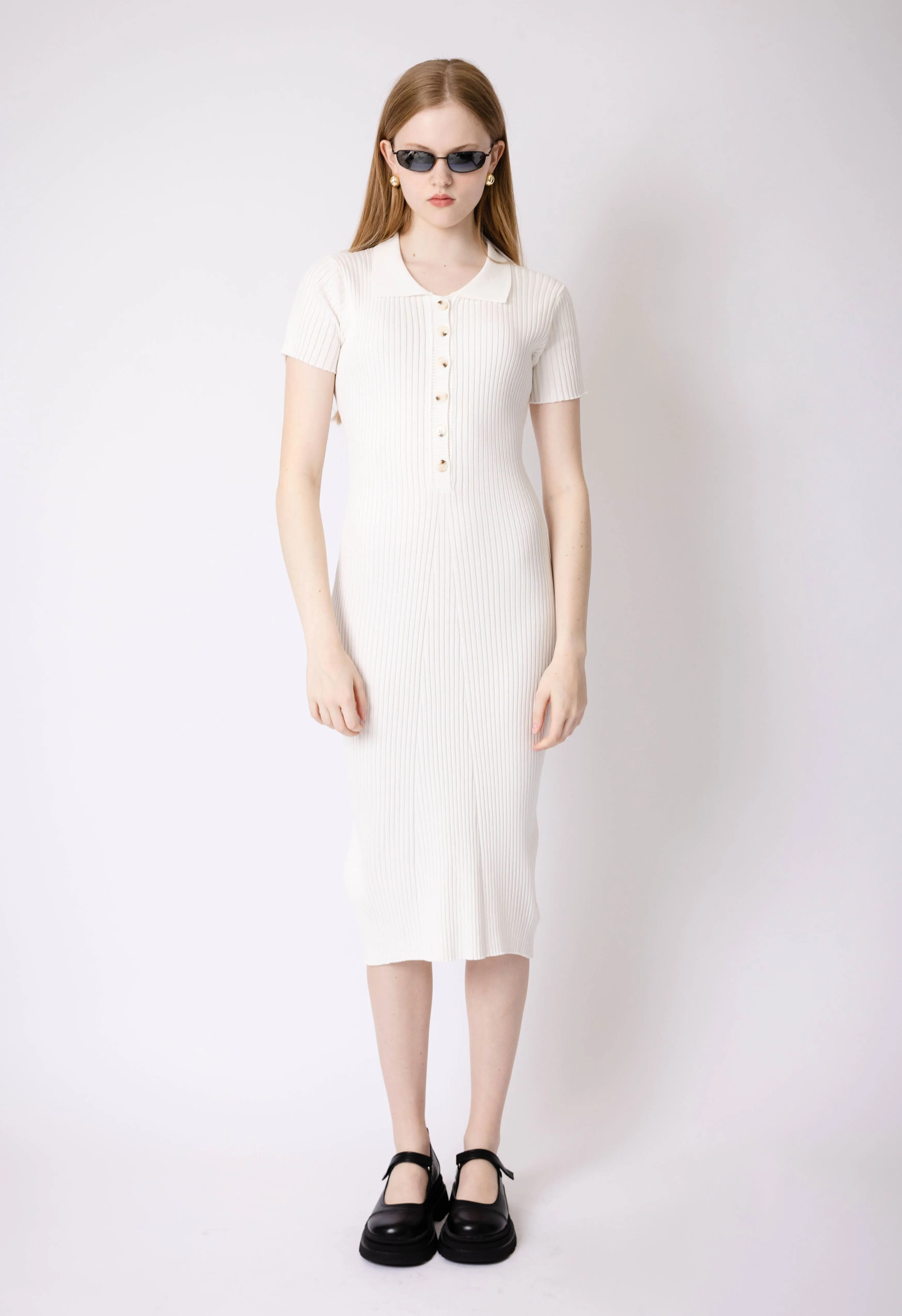 White Ribbed Polo Dress