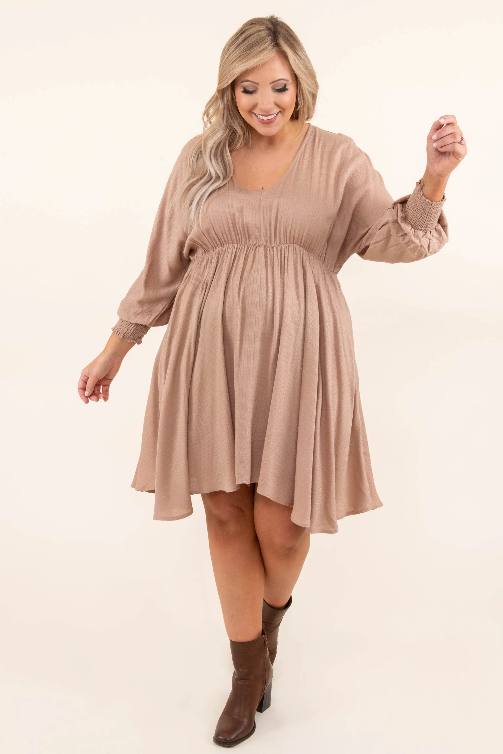 Taupe Smocked And Loaded Dress