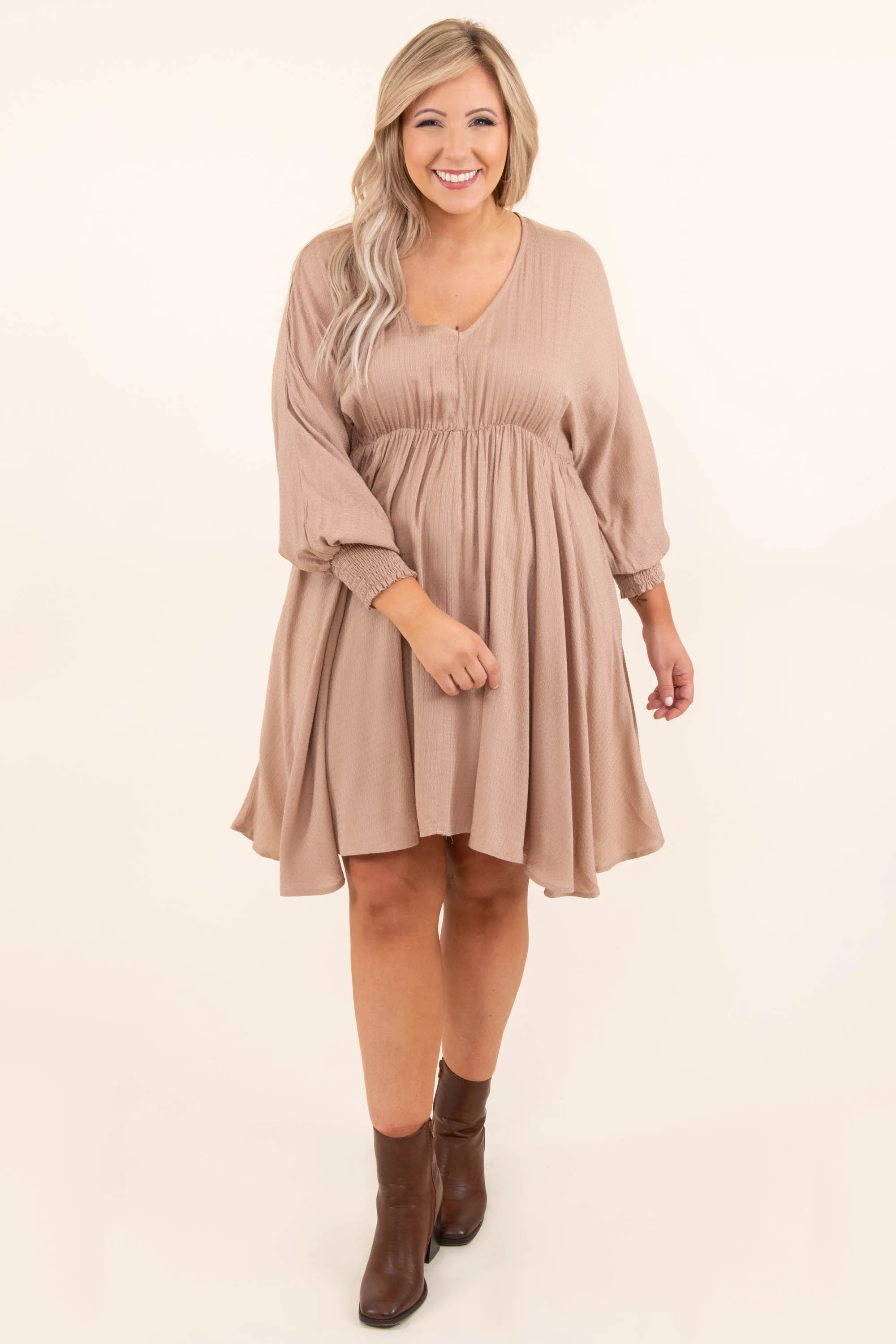 Taupe Smocked And Loaded Dress