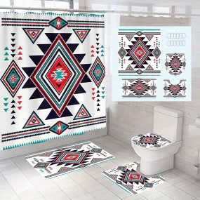 1/3/4pcs Southwestern Printed Bathroom Partition Curtain Set with Hooks, Waterproof, Non-Slip Bath Rug, Toilet U-