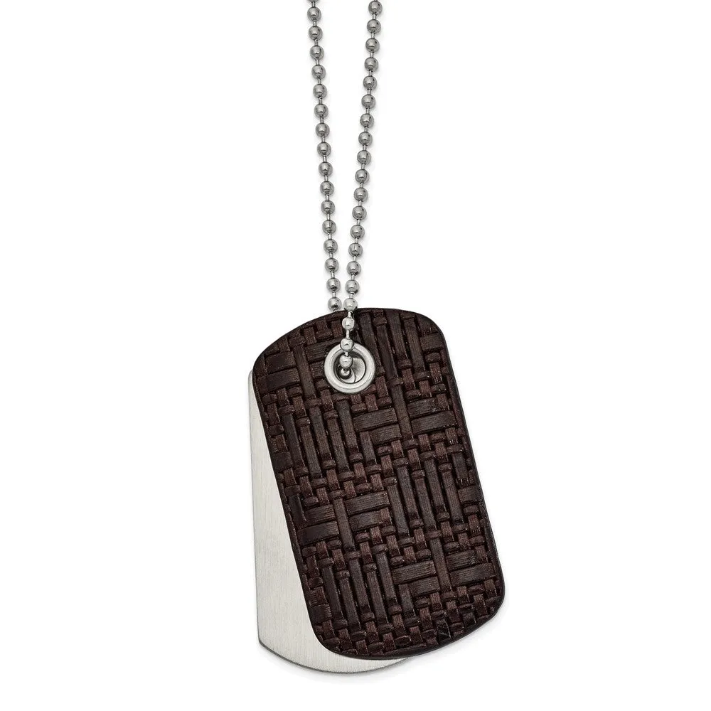 Stainless Steel Brown Woven Leather 2 Piece Dog Tag Necklace 22 Inches