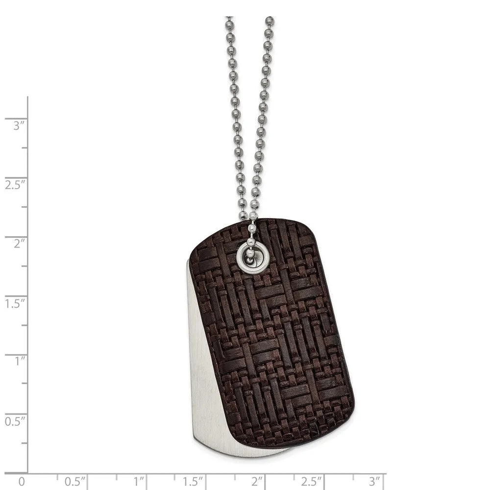 Stainless Steel Brown Woven Leather 2 Piece Dog Tag Necklace 22 Inches