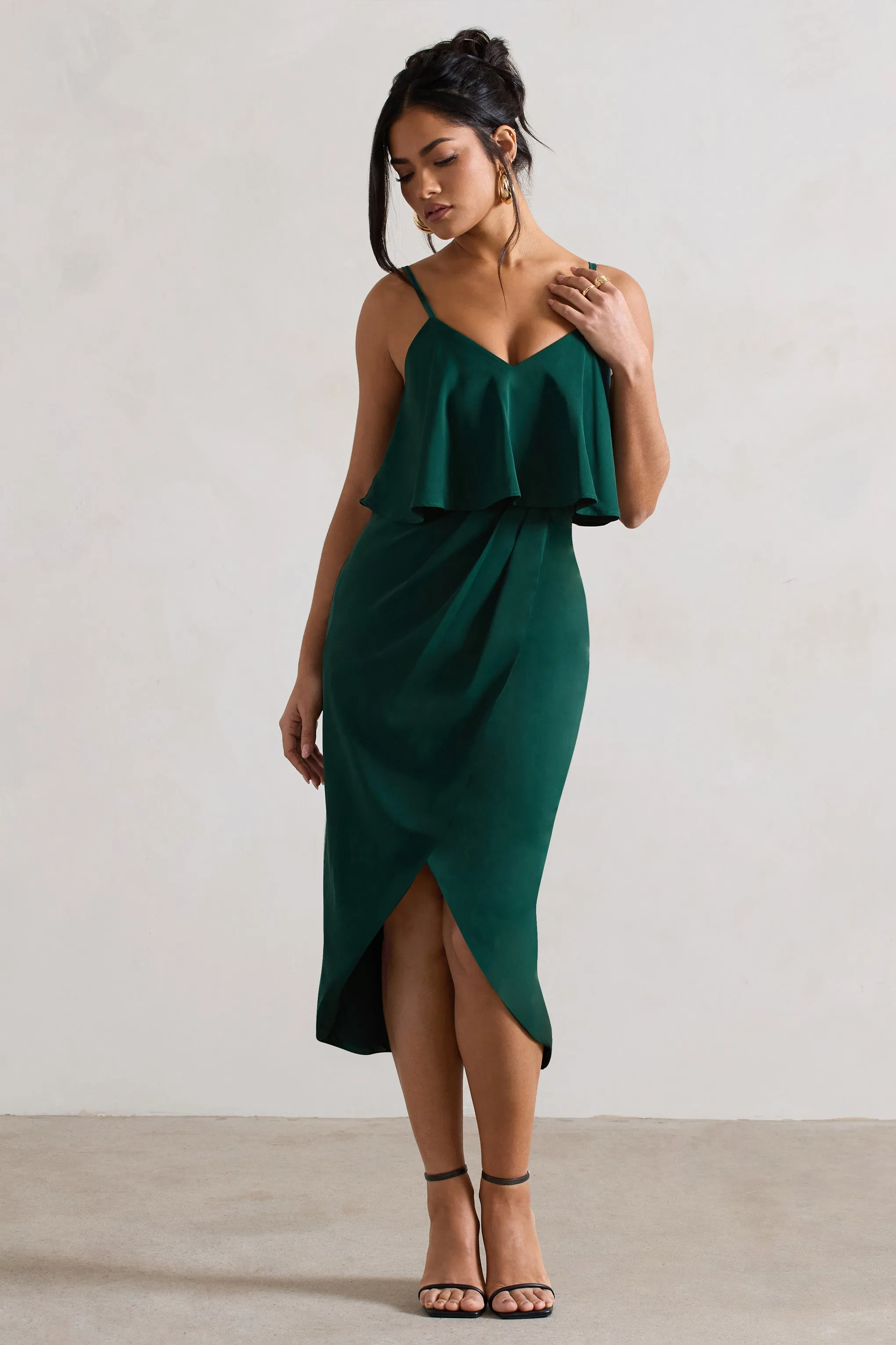 Strappy Draped-Neck Wrap Midi Dress