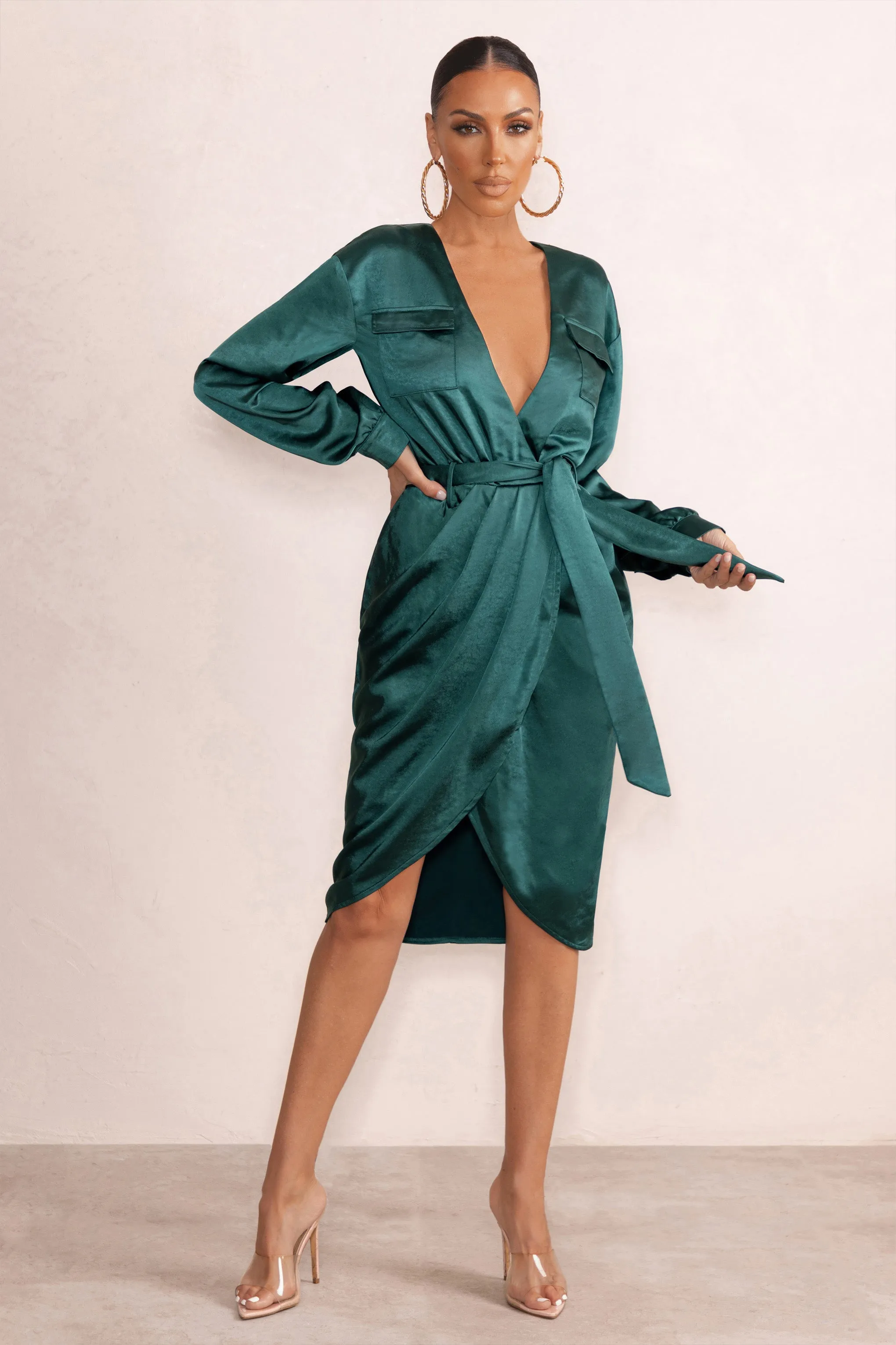 Bottle Green Satin Plunge Neck Midi Dress